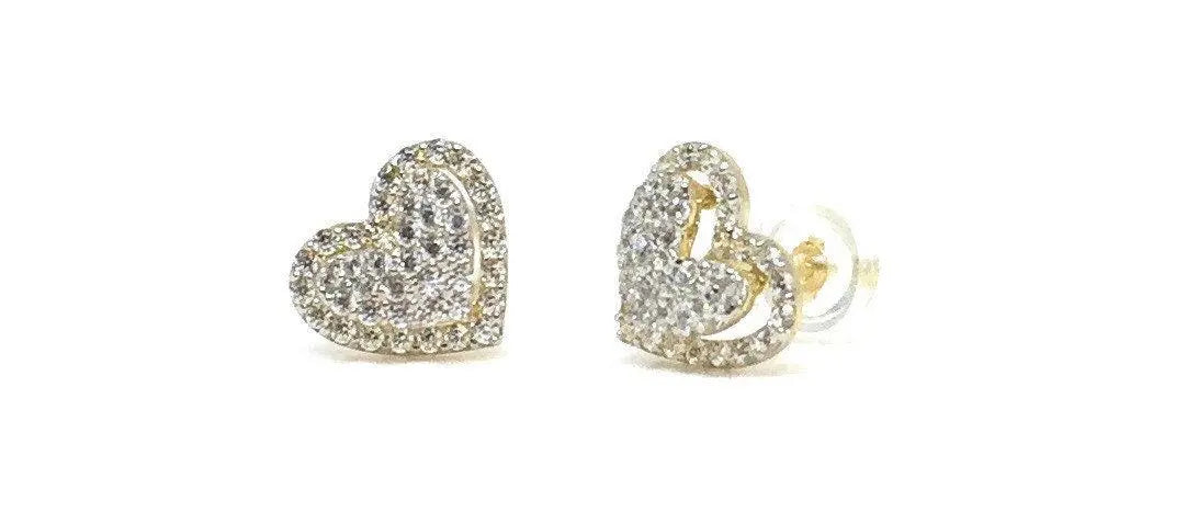 14K Solid Gold Cubic Zirconia Pave Heart Stud Earrings - ADIRFINE 