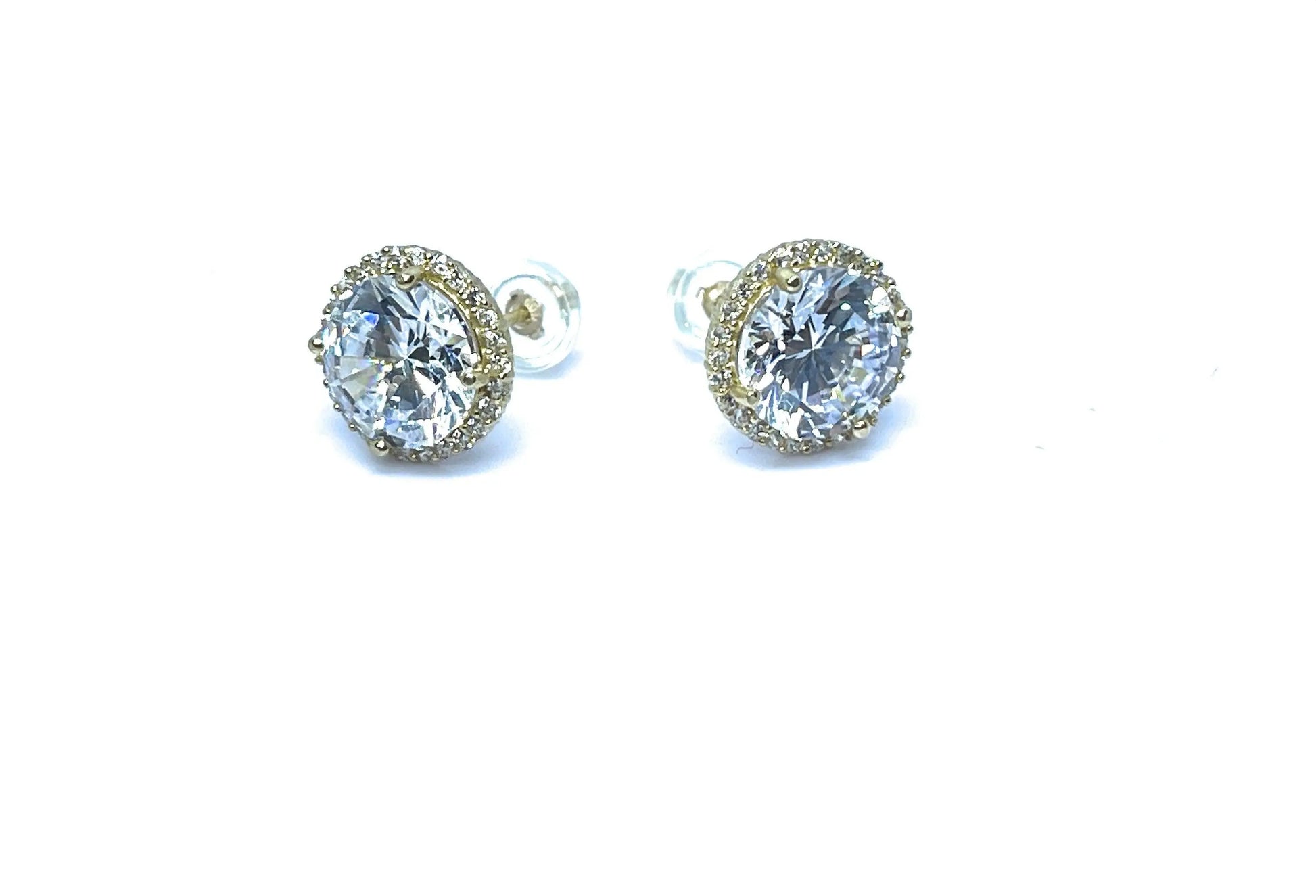 14K Solid Gold Cubic Zirconia Round Brilliant Halo Stud Earrings - ADIRFINE 