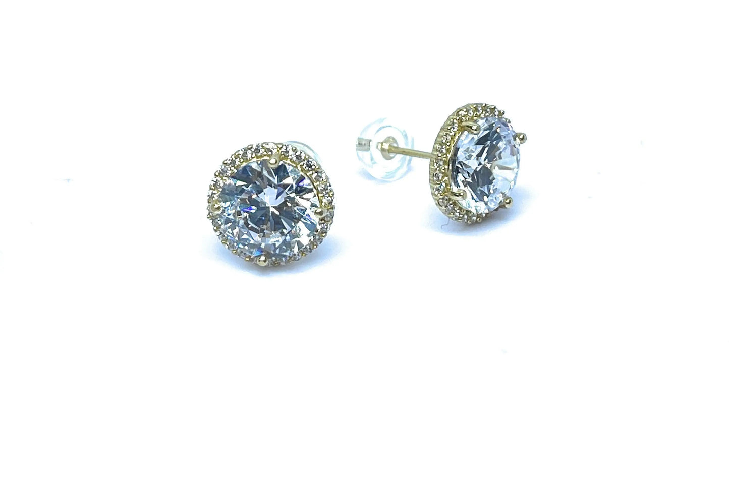 14K Solid Gold Cubic Zirconia Round Brilliant Halo Stud Earrings - ADIRFINE 