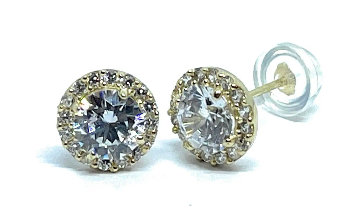 14K Solid Gold Cubic Zirconia Round Halo Stud Earrings - ADIRFINE 