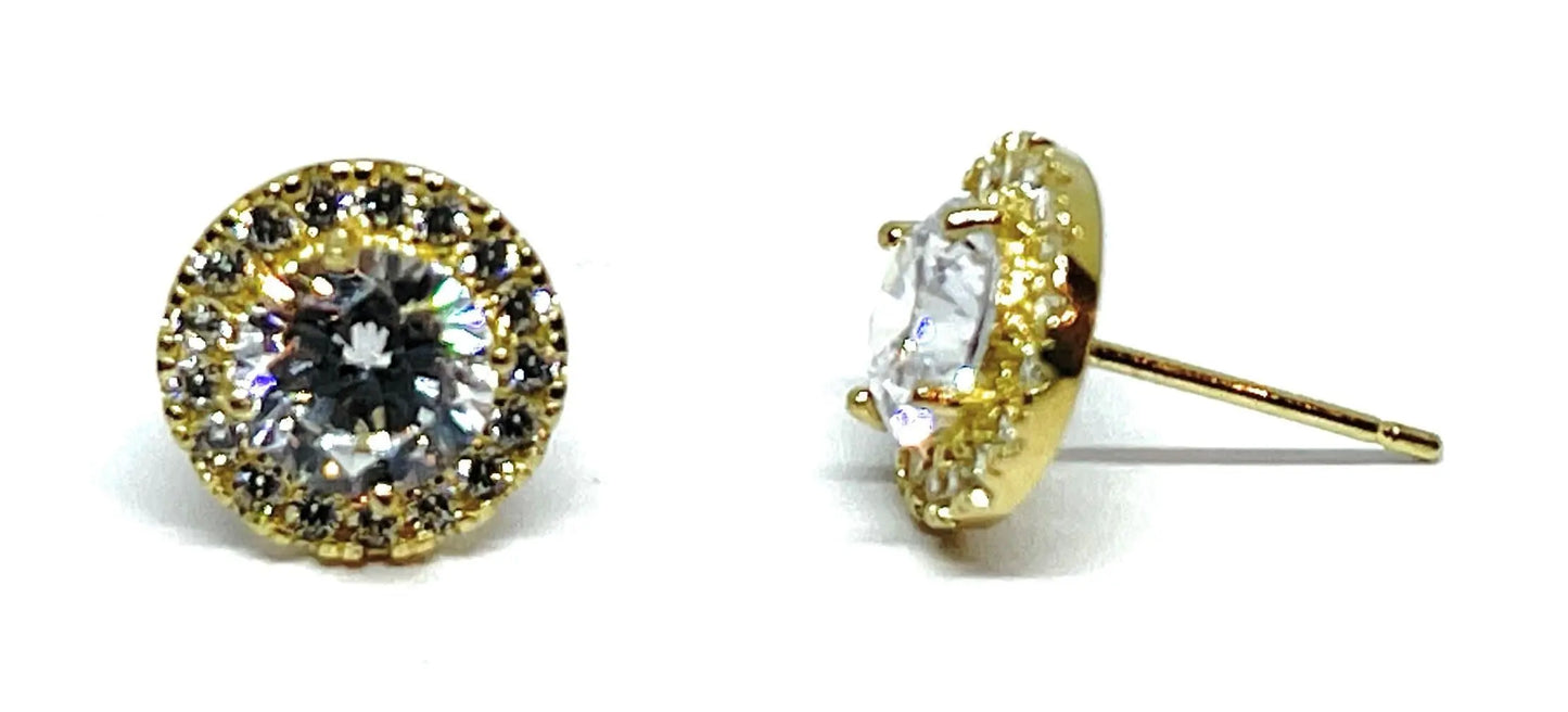 14K Solid Gold Cubic Zirconia Round Halo Stud Earrings - ADIRFINE 