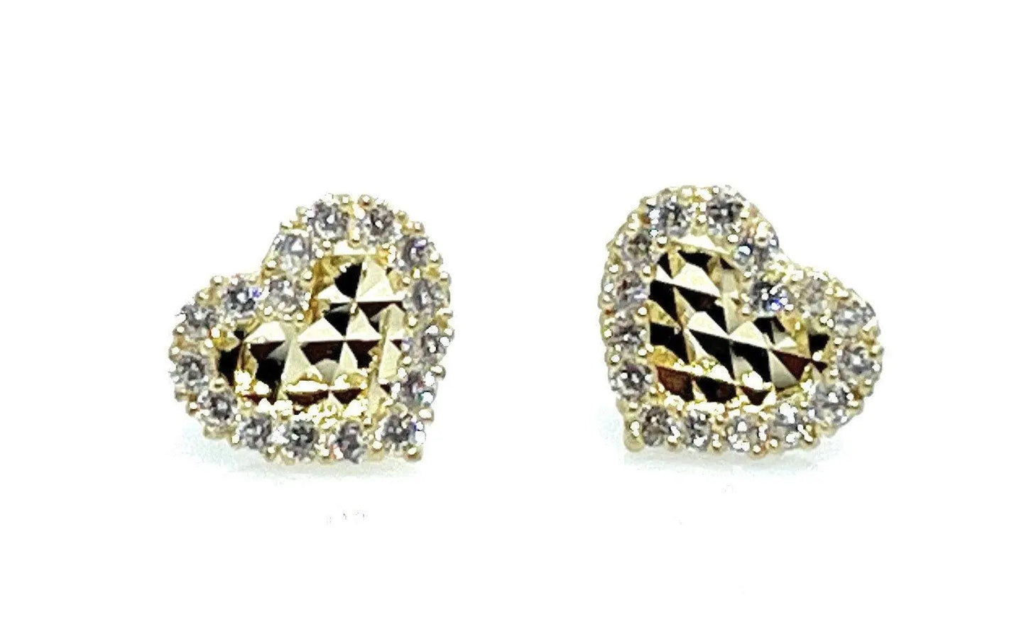 14K Solid Gold Diamond Cut Pave Cubic Zirconia Heart Screw-backs Studs Earrings - ADIRFINE 