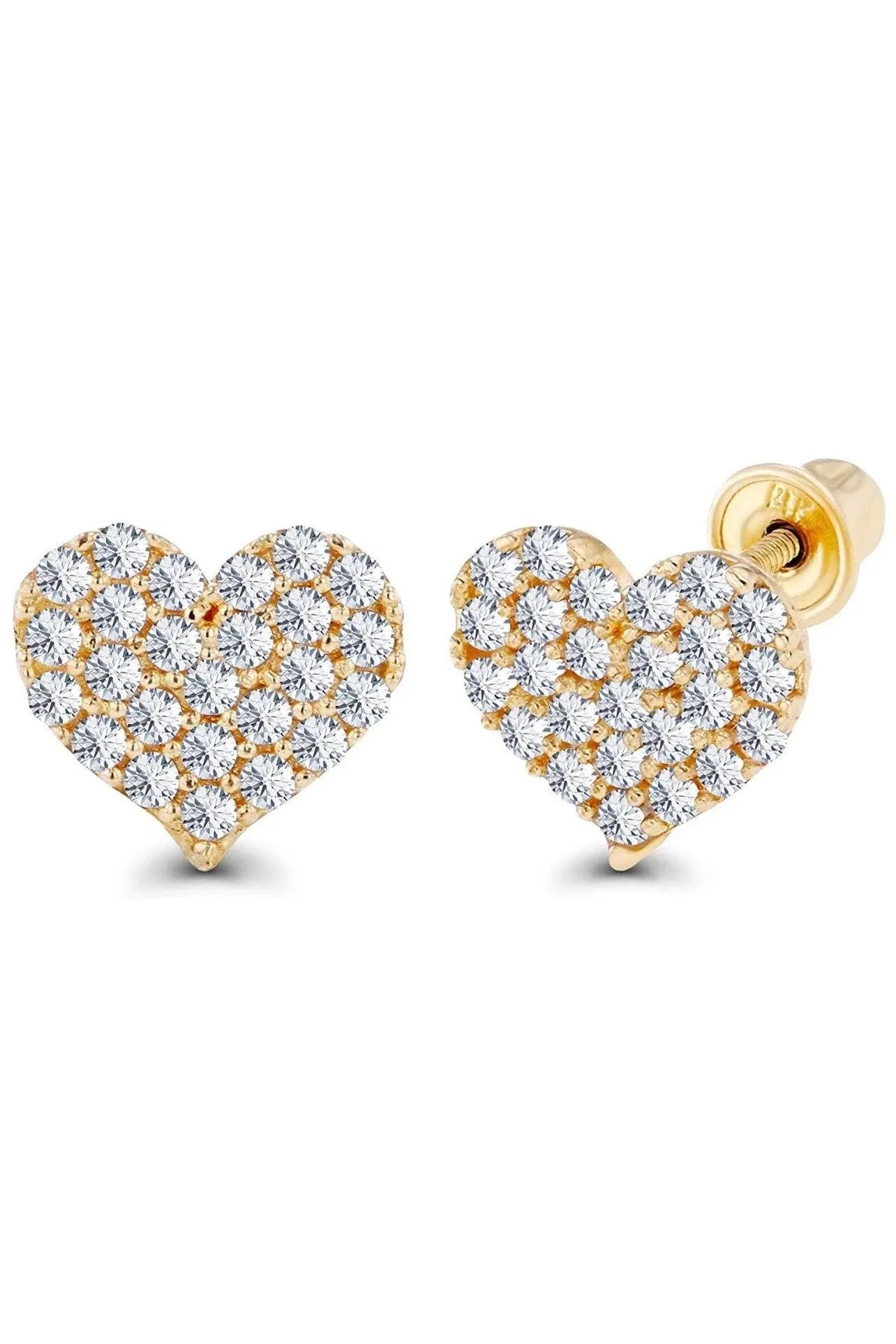 14K Solid Gold Micro Pave Cubic Zirconia Heart Screw-backs Studs Earrings - ADIRFINE 