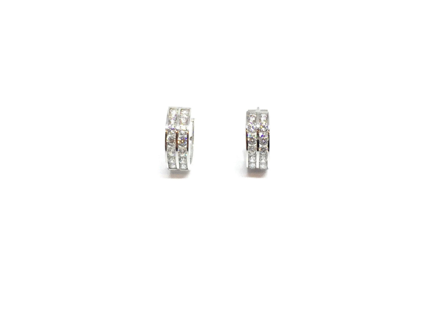 14K Solid Gold Two Row Cubic Zirconia Huggie Hoop Earrings - ADIRFINE 