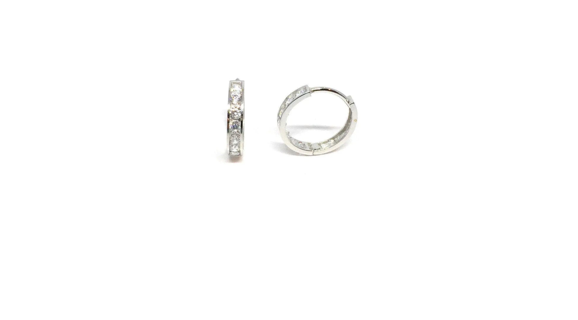 14K Solid White Gold Cubic Zirconia Huggie Hoop Earrings - ADIRFINE 