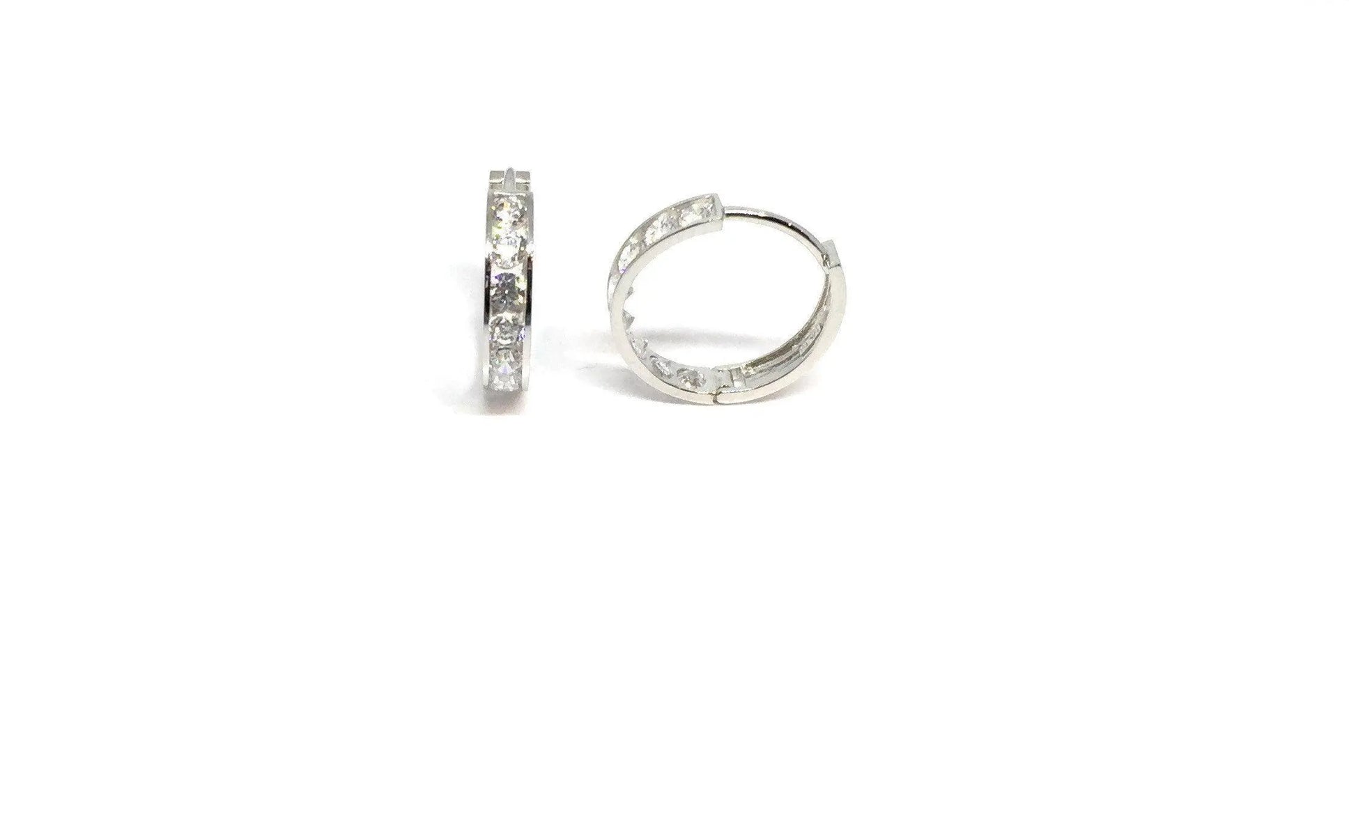 14K Solid White Gold Cubic Zirconia Huggie Hoop Earrings - ADIRFINE 