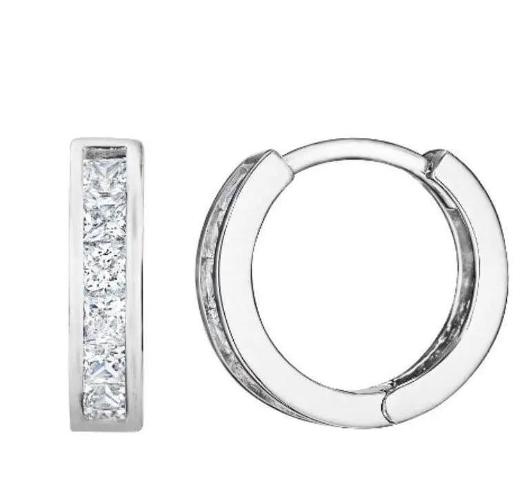 14K Solid White Gold Square Cubic Zirconia Huggie Hoop Earrings - ADIRFINE 