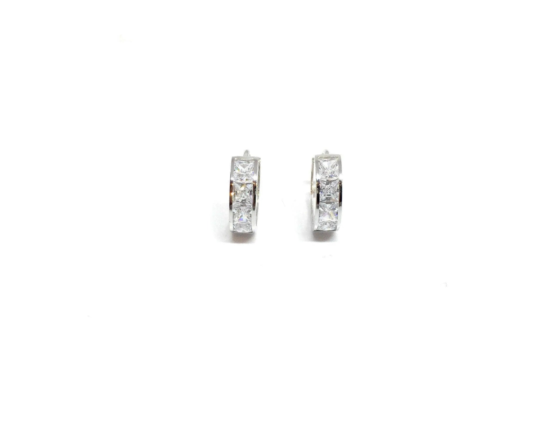 14K Solid White Gold Square Cubic Zirconia Huggie Hoop Earrings - ADIRFINE 