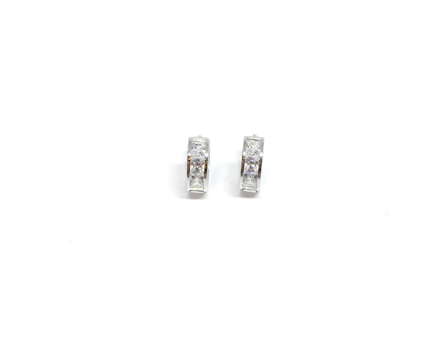 14K Solid White Gold Square Cubic Zirconia Huggie Hoop Earrings - ADIRFINE 