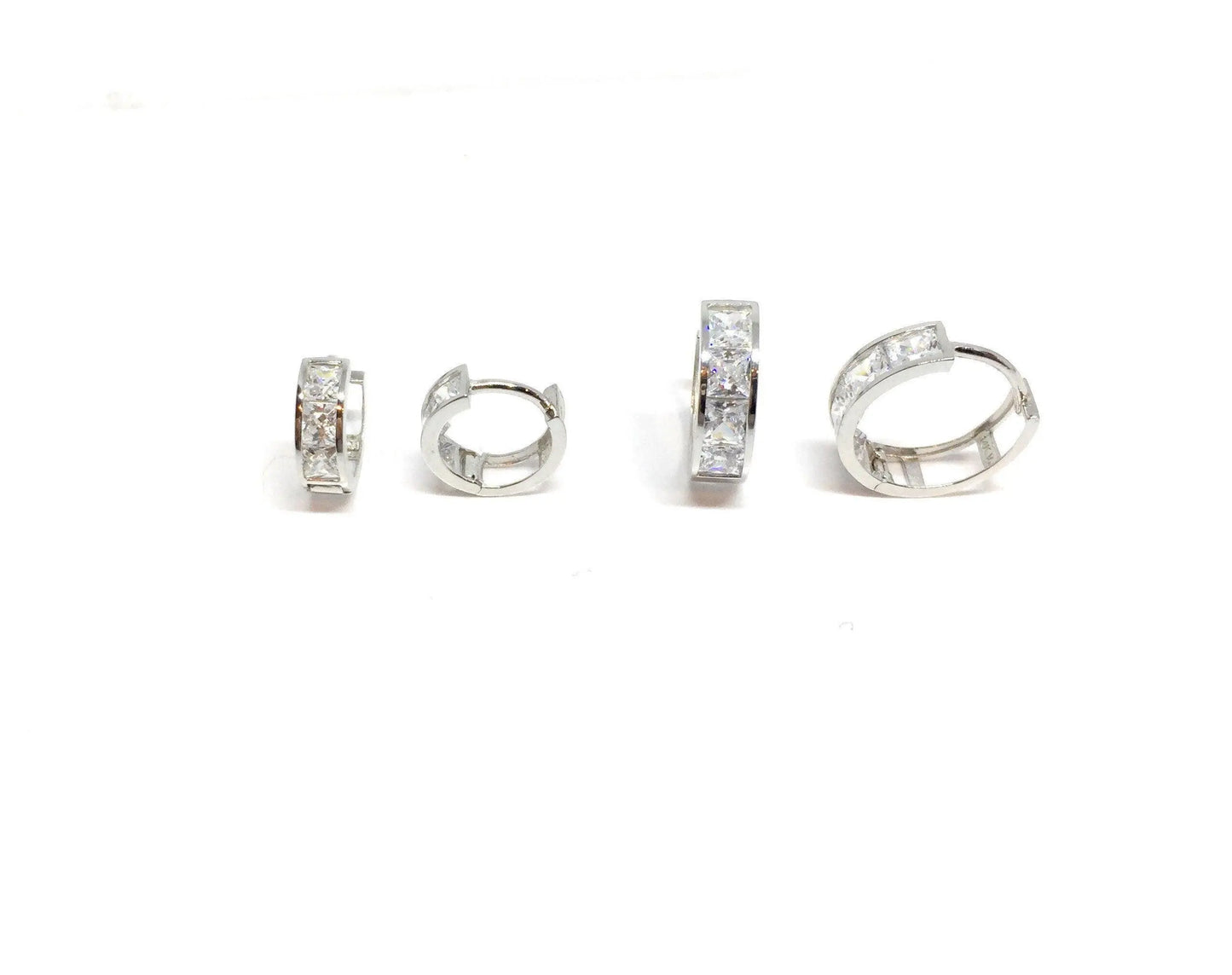 14K Solid White Gold Square Cubic Zirconia Huggie Hoop Earrings - ADIRFINE 