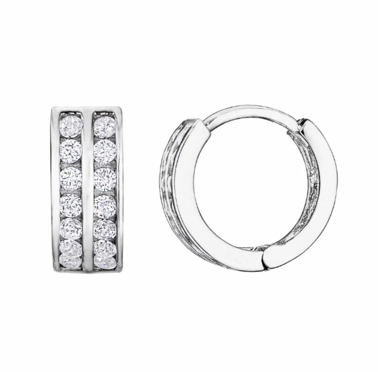 14K Solid White Gold Two Row Round Cubic Zirconia Huggie Hoop Earrings - ADIRFINE 