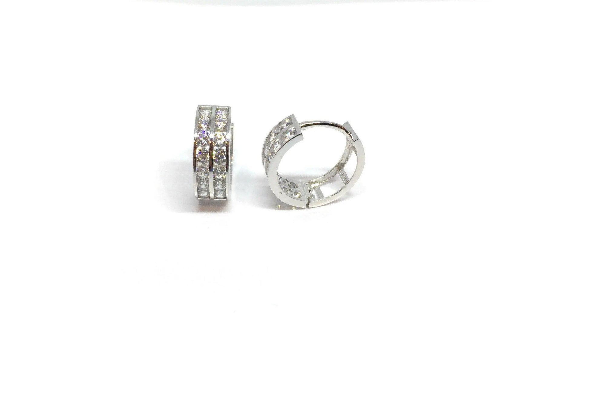 14K Solid White Gold Two Row Round Cubic Zirconia Huggie Hoop Earrings - ADIRFINE 