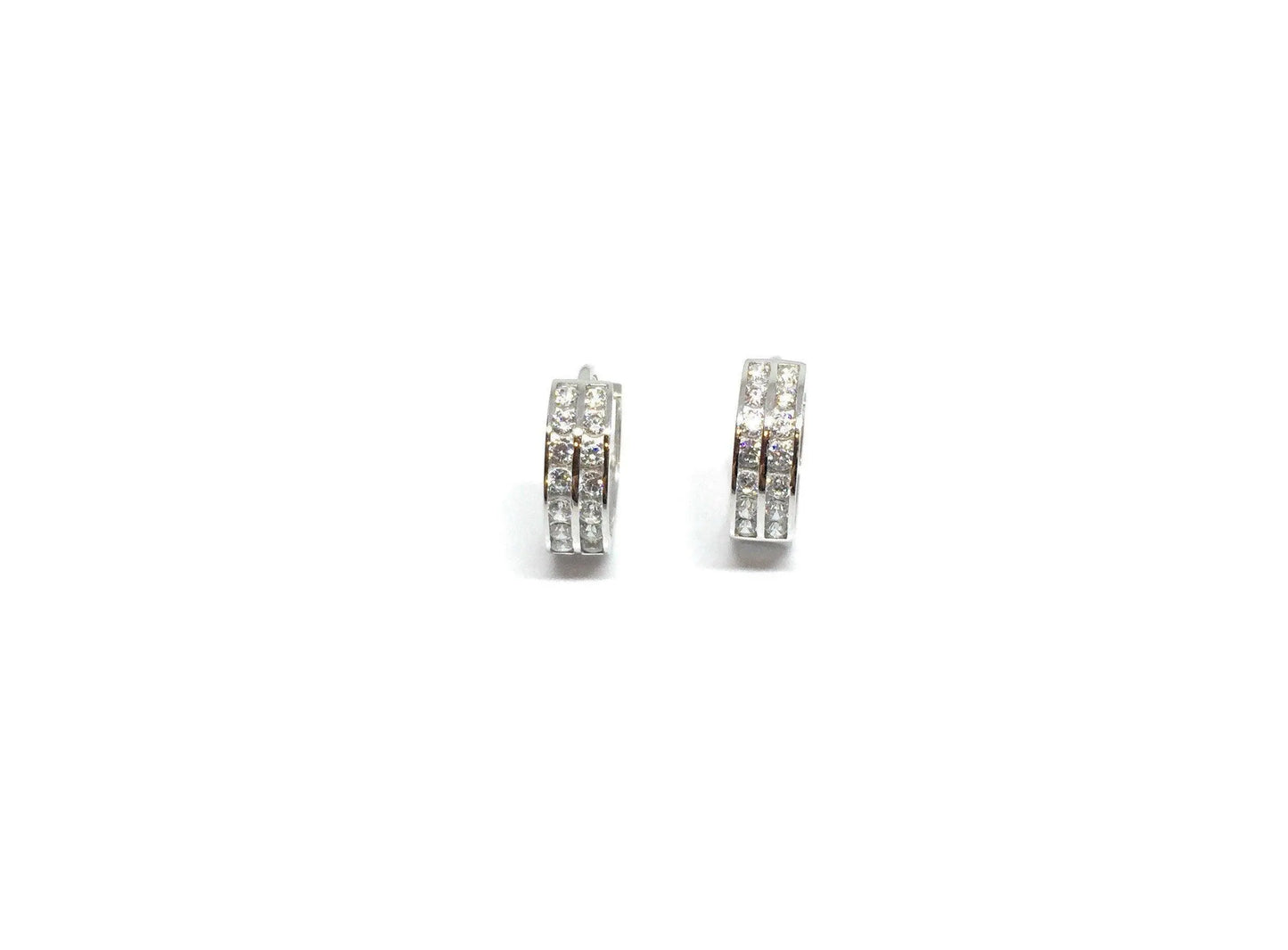 14K Solid White Gold Two Row Round Cubic Zirconia Huggie Hoop Earrings - ADIRFINE 