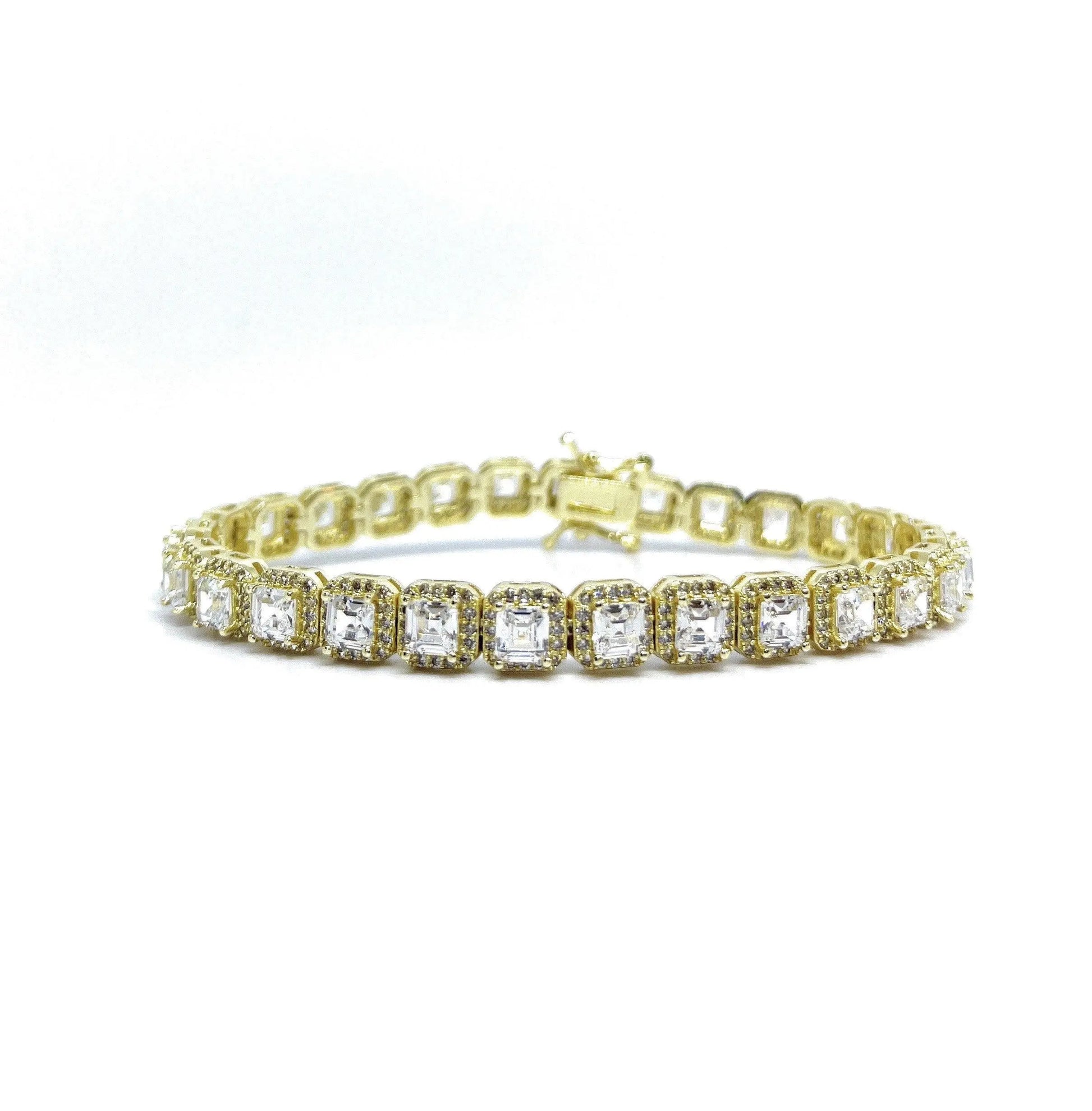 18K Gold Plated Asscher Cut Cubic Zirconia Halo Tennis Bracelet - ADIRFINE 