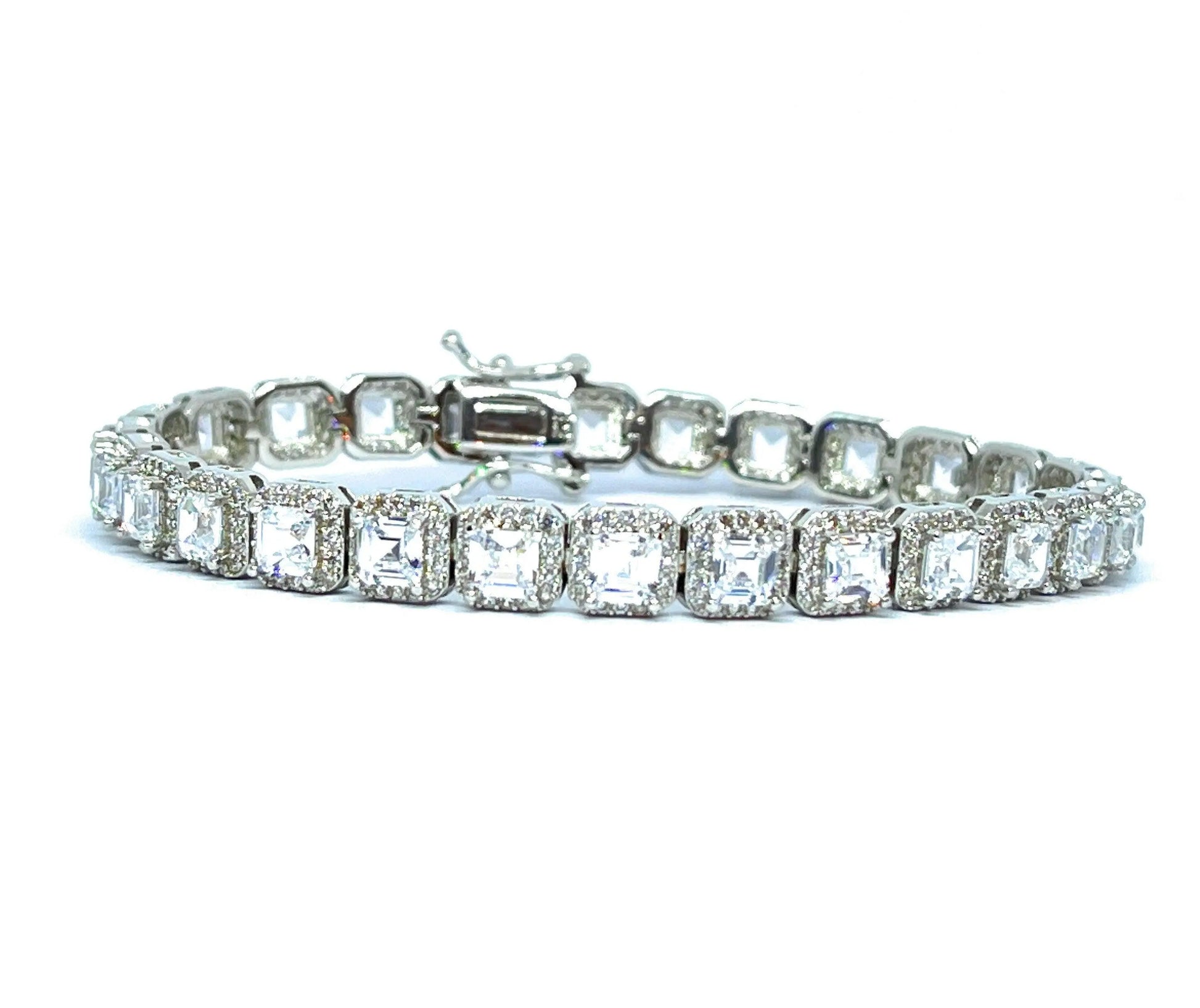 18K Gold Plated Asscher Cut Cubic Zirconia Halo Tennis Bracelet - ADIRFINE 