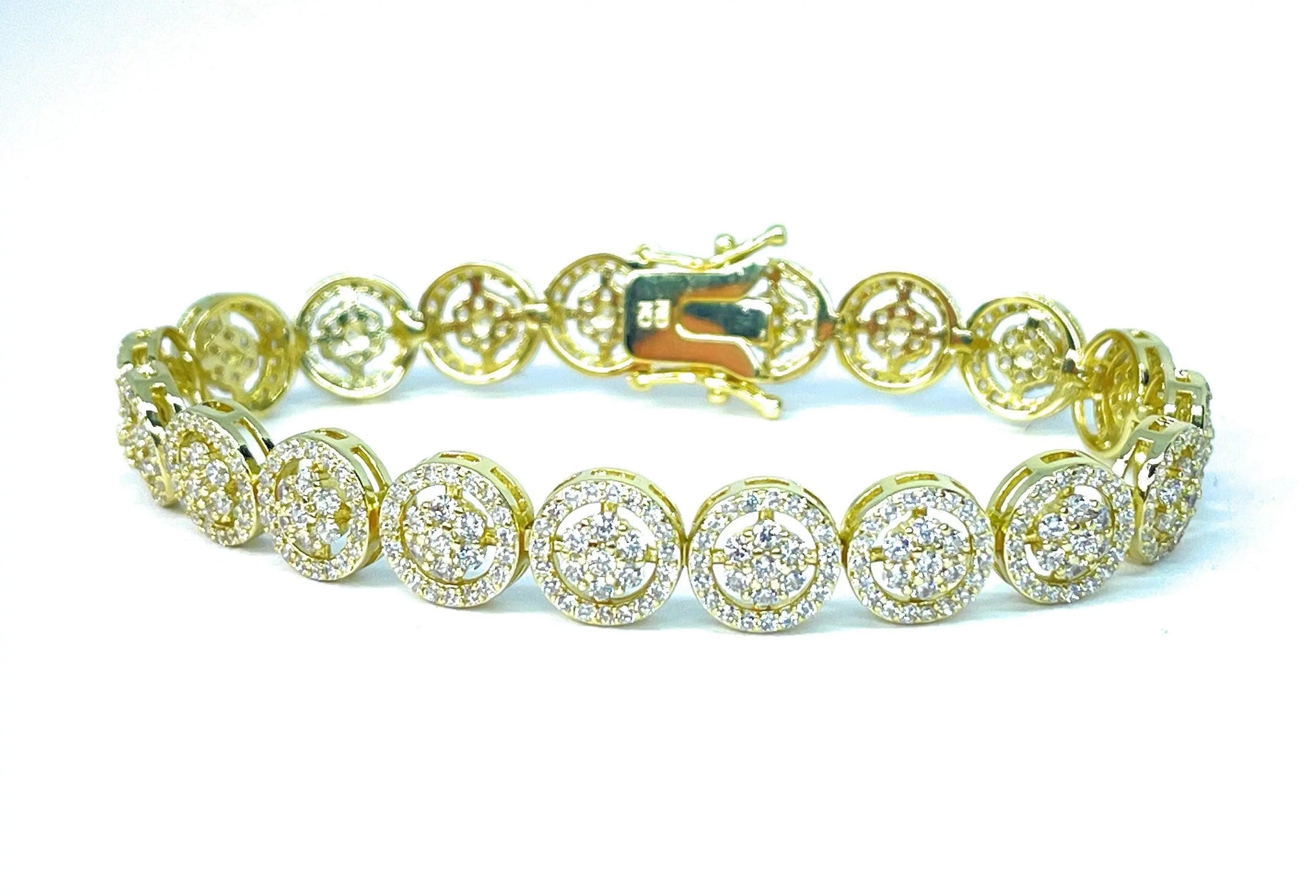 18K Gold Plated Flower Cluster Cubic Zirconia Halo Tennis Bracelet - ADIRFINE 