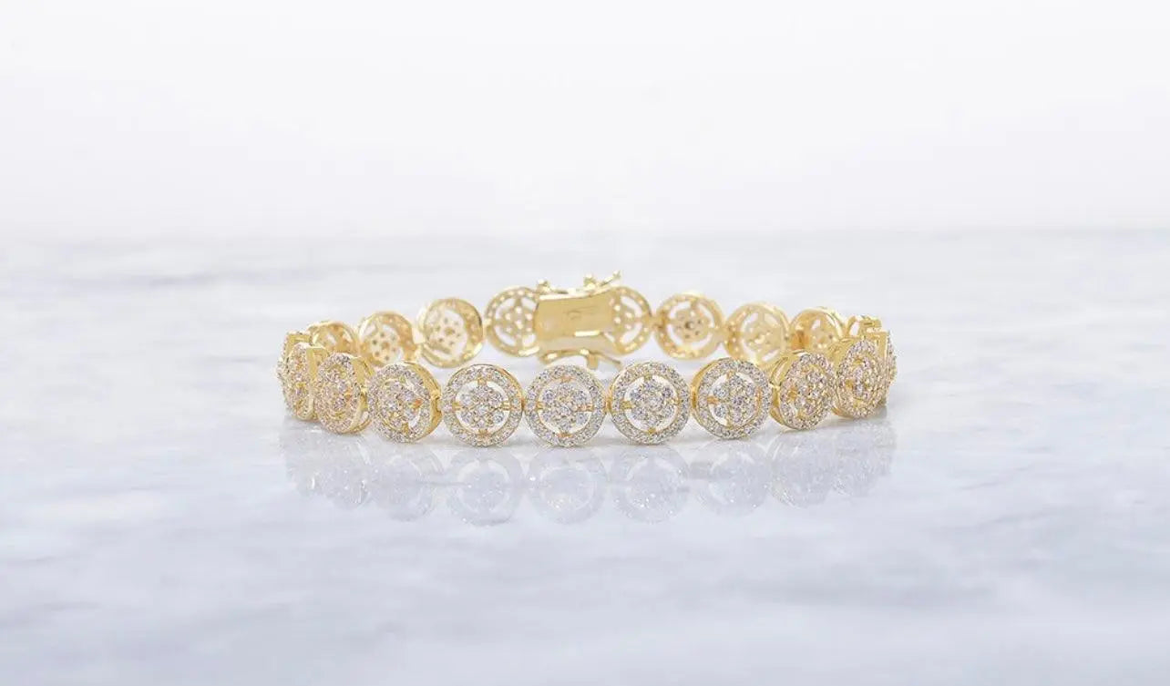 18K Gold Plated Flower Cluster Cubic Zirconia Halo Tennis Bracelet - ADIRFINE 