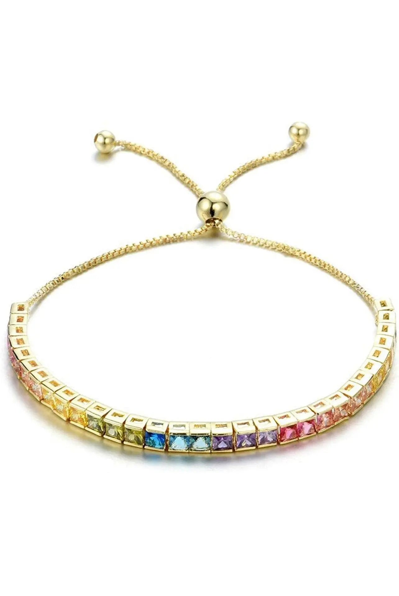 18K Gold Plated Multi Colored Cubic Zirconia Adjustable Bolo Tennis Bracelet - ADIRFINE 