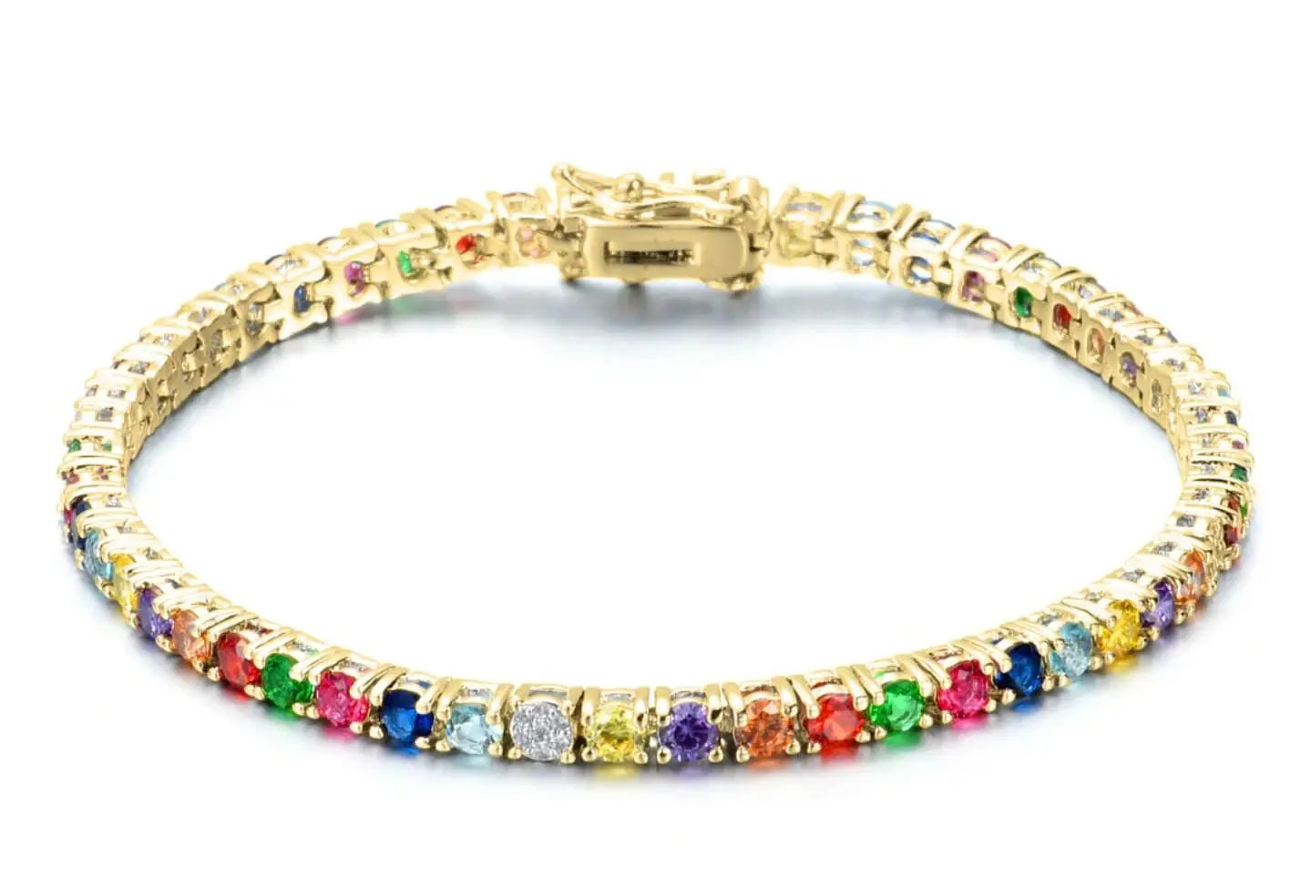 18K Gold Plated Multi Colored Cubic Zirconia Tennis Bracelet - ADIRFINE 