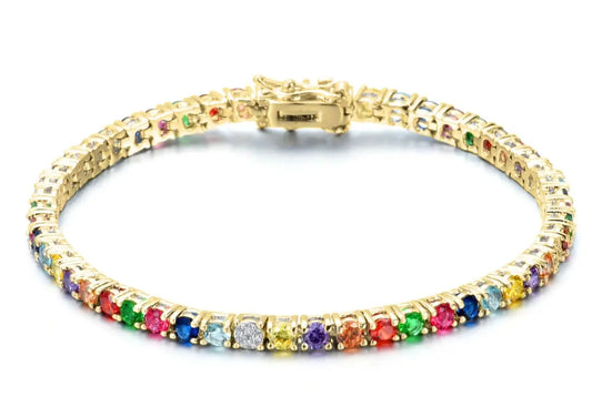 18K Gold Plated Multi Colored Cubic Zirconia Tennis Bracelet - ADIRFINE 