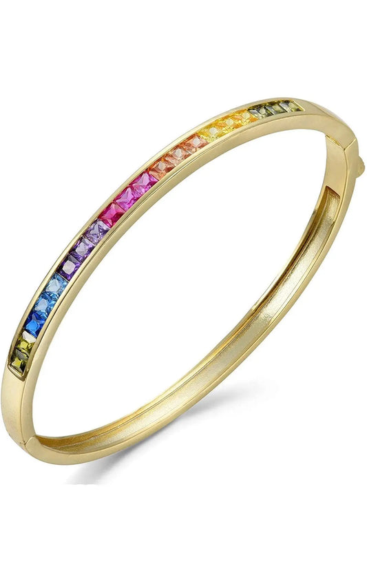 18K Gold Plated Multi Colored Princess Cut Cubic Zirconia Bangle Bracelet - ADIRFINE 