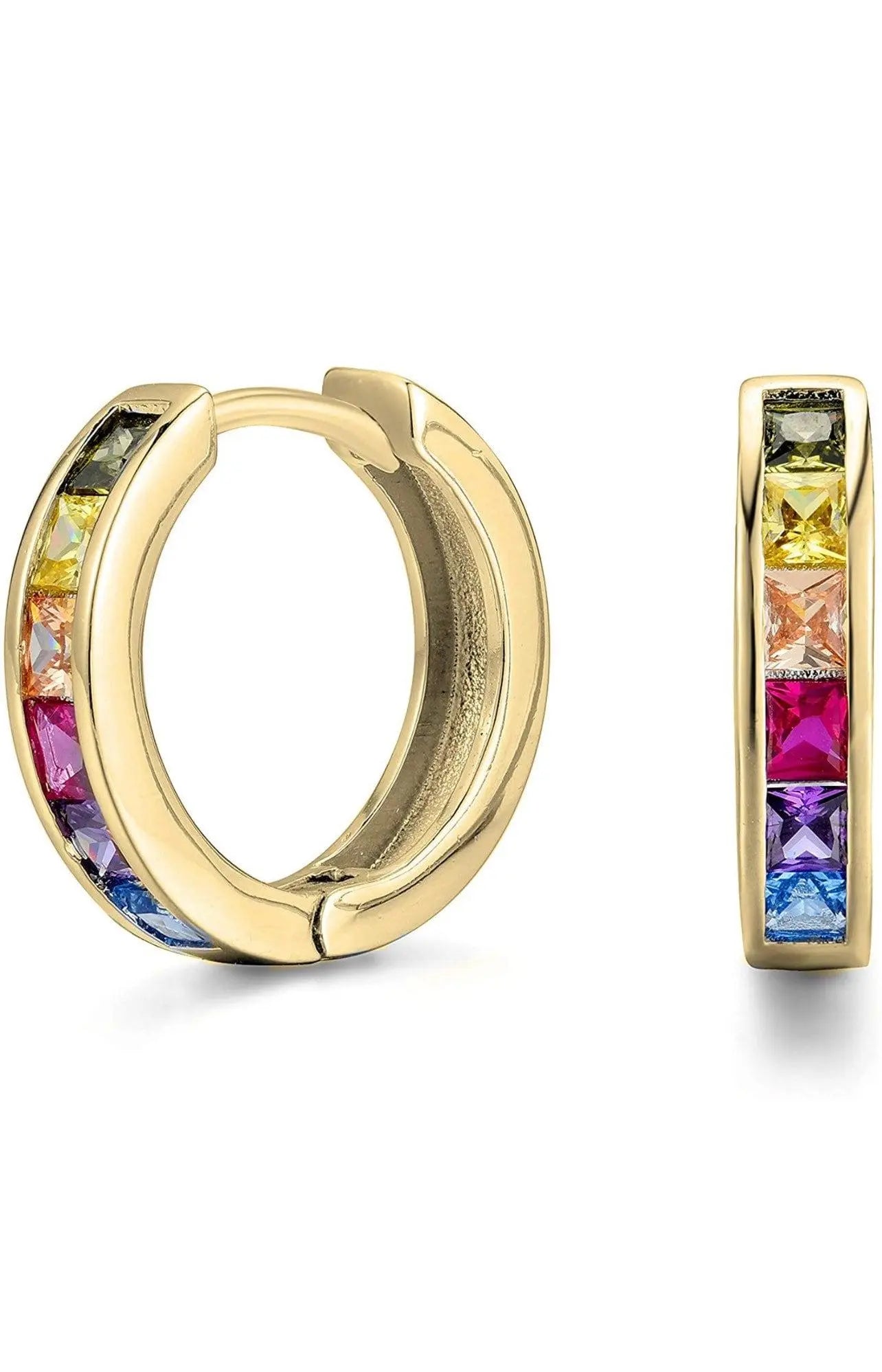 18K Gold Plated Rainbow Colored Princess Cut Cubic Zirconia Huggie Hoop Earrings - ADIRFINE 