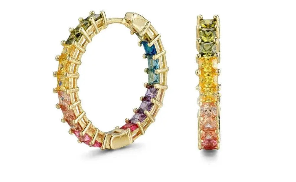 18K Gold Plated Rainbow Colored Princess Cut Cubic Zirconia In and Out Huggie Hoop Earrings - ADIRFINE 