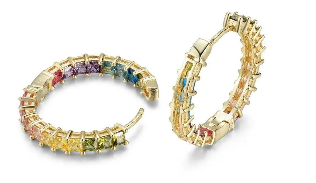 18K Gold Plated Rainbow Colored Princess Cut Cubic Zirconia In and Out Huggie Hoop Earrings - ADIRFINE 