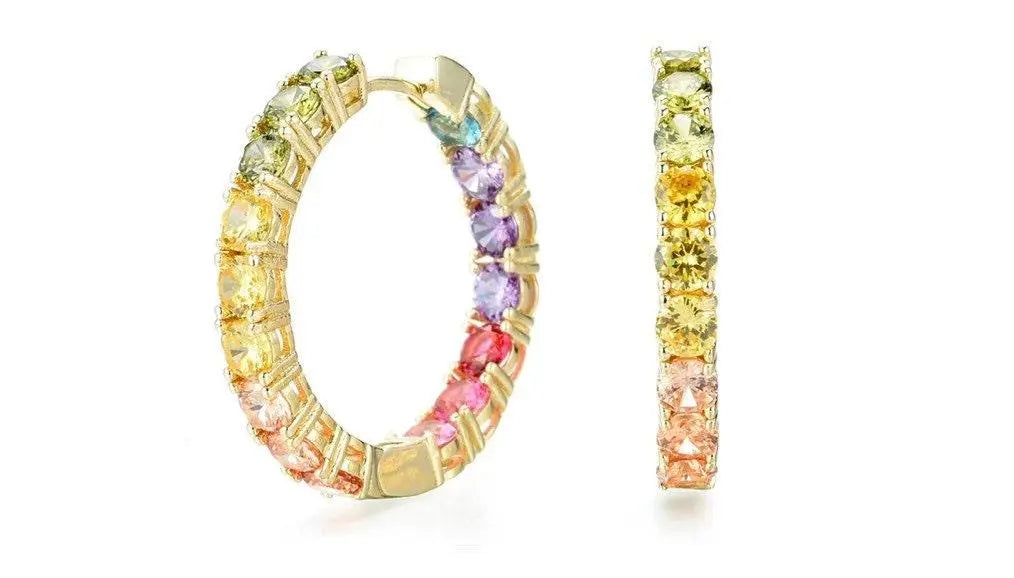 18K Gold Plated Rainbow Colored Round Cut Cubic Zirconia In and Out Huggie Hoop Earrings - ADIRFINE 