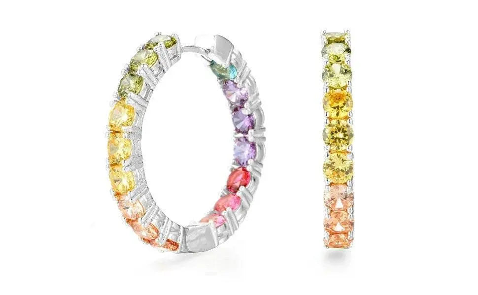 18K Gold Plated Rainbow Colored Round Cut Cubic Zirconia In and Out Huggie Hoop Earrings - ADIRFINE 