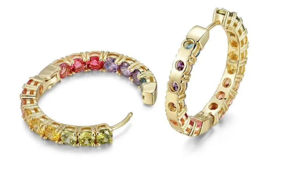 18K Gold Plated Rainbow Colored Round Cut Cubic Zirconia In and Out Huggie Hoop Earrings - ADIRFINE 