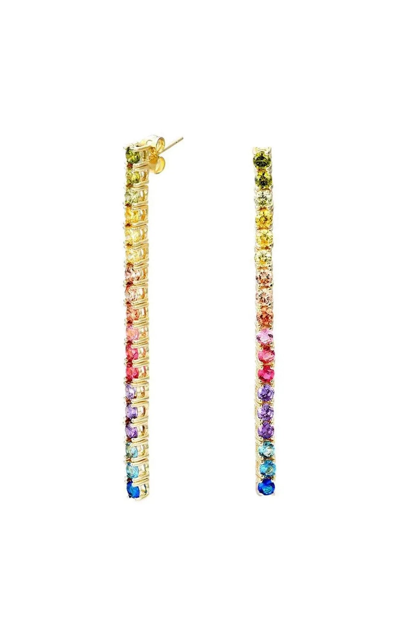 18K Gold Plated Rainbow Multi Colored Cubic Zirconia Dangling Drop Tennis Earrings - ADIRFINE 