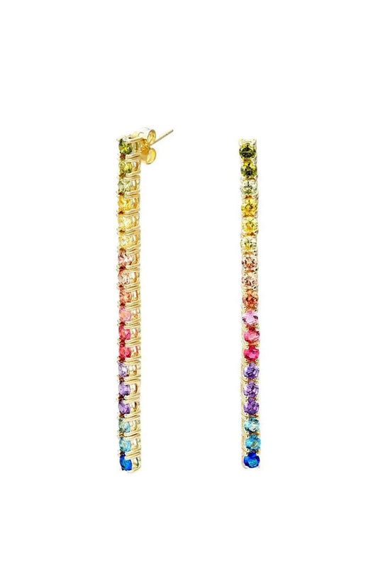 18K Gold Plated Rainbow Multi Colored Cubic Zirconia Dangling Drop Tennis Earrings - ADIRFINE 