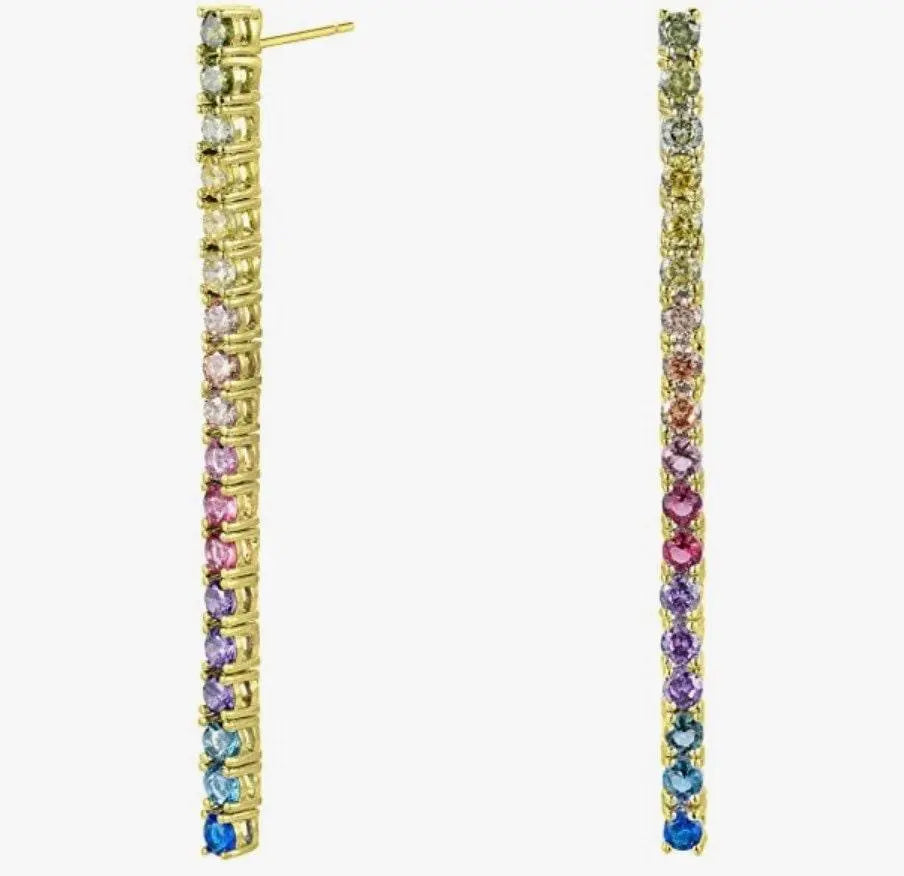 18K Gold Plated Rainbow Multi Colored Cubic Zirconia Dangling Drop Tennis Earrings - ADIRFINE 