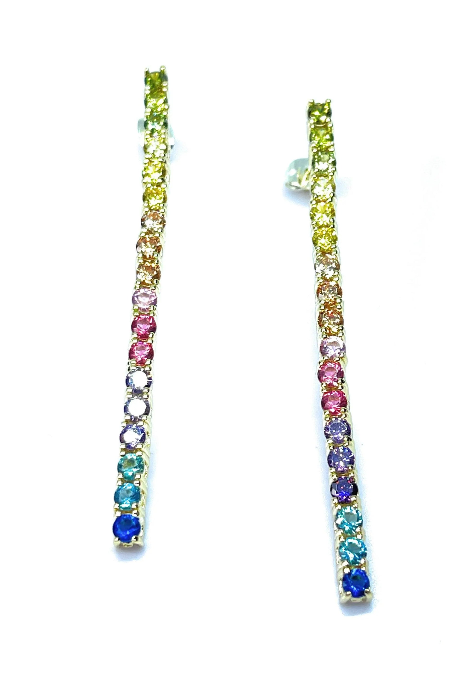 18K Gold Plated Rainbow Multi Colored Cubic Zirconia Dangling Drop Tennis Earrings - ADIRFINE 