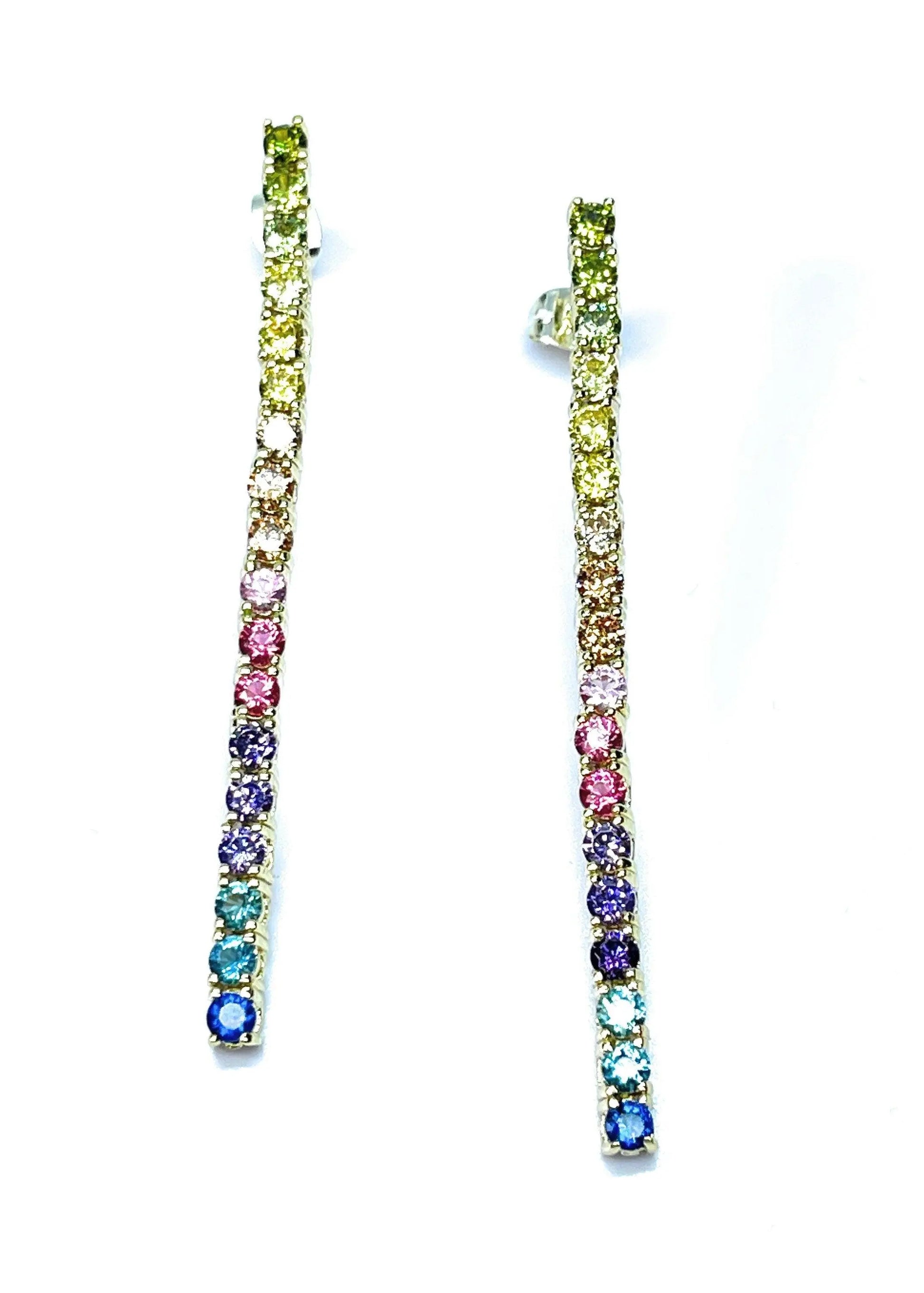 18K Gold Plated Rainbow Multi Colored Cubic Zirconia Dangling Drop Tennis Earrings - ADIRFINE 