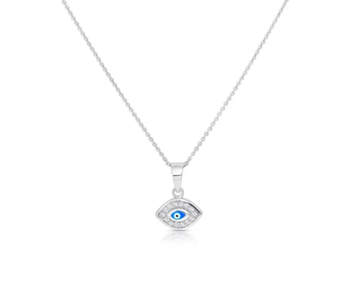 925 Solid Sterling Silver Cubic Zirconia Evil Eye Charm With 18'' Cable Chain - ADIRFINE 