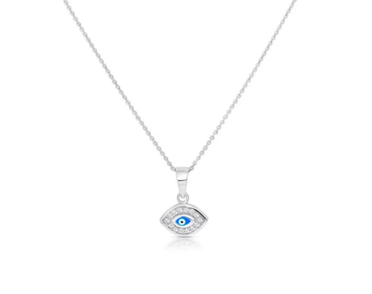 925 Solid Sterling Silver Cubic Zirconia Evil Eye Charm With 18'' Cable Chain - ADIRFINE 