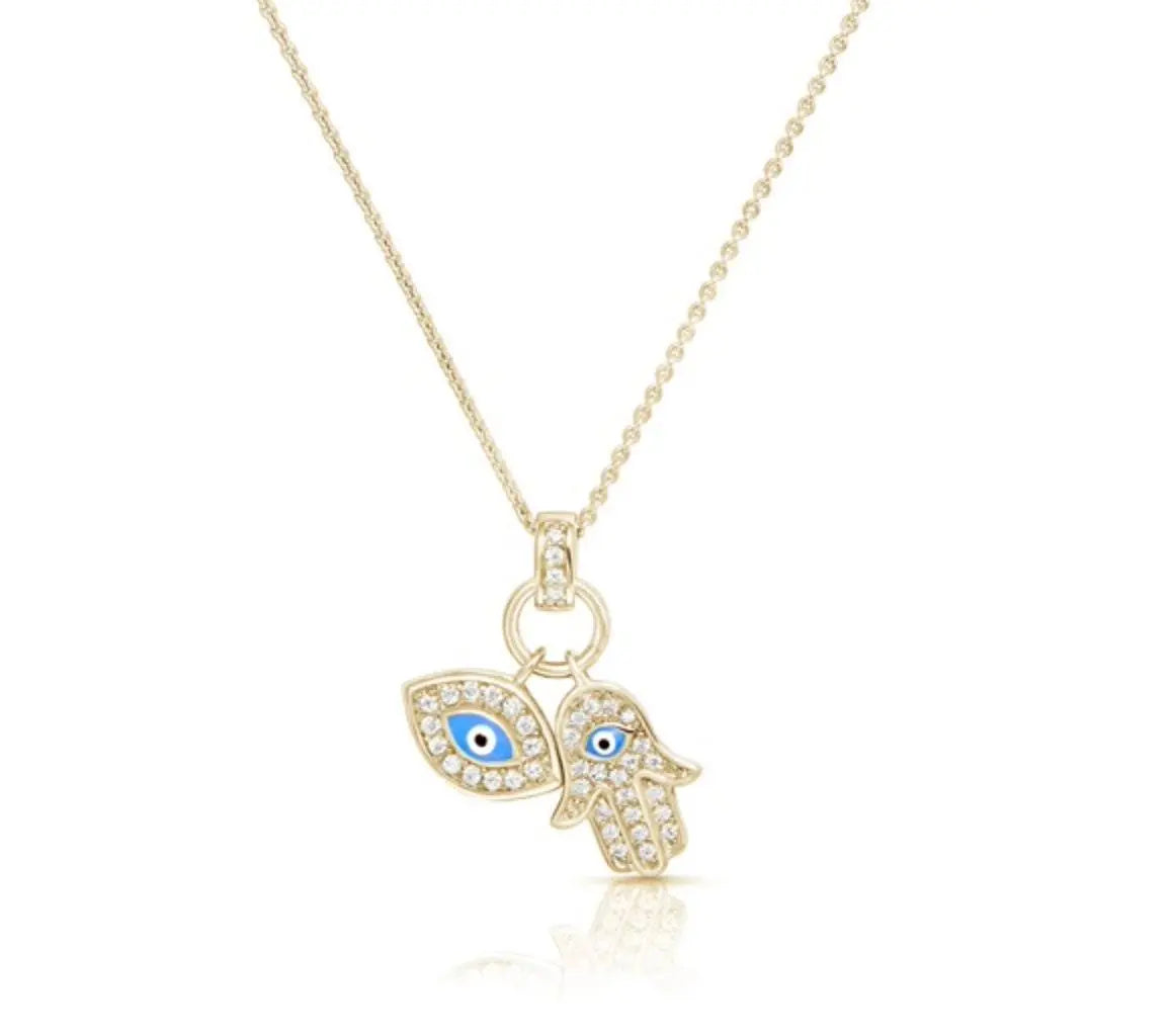 925 Solid Sterling Silver Cubic Zirconia Evil Eye Hamsa Charm - ADIRFINE 