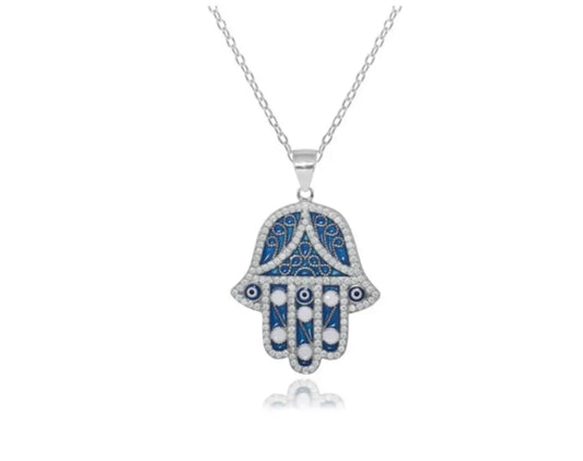 925 Solid Sterling Silver Cubic Zirconia Hamsa Charm - ADIRFINE 