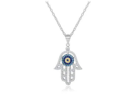 925 Solid Sterling Silver Cubic Zirconia Hamsa Charm - ADIRFINE 