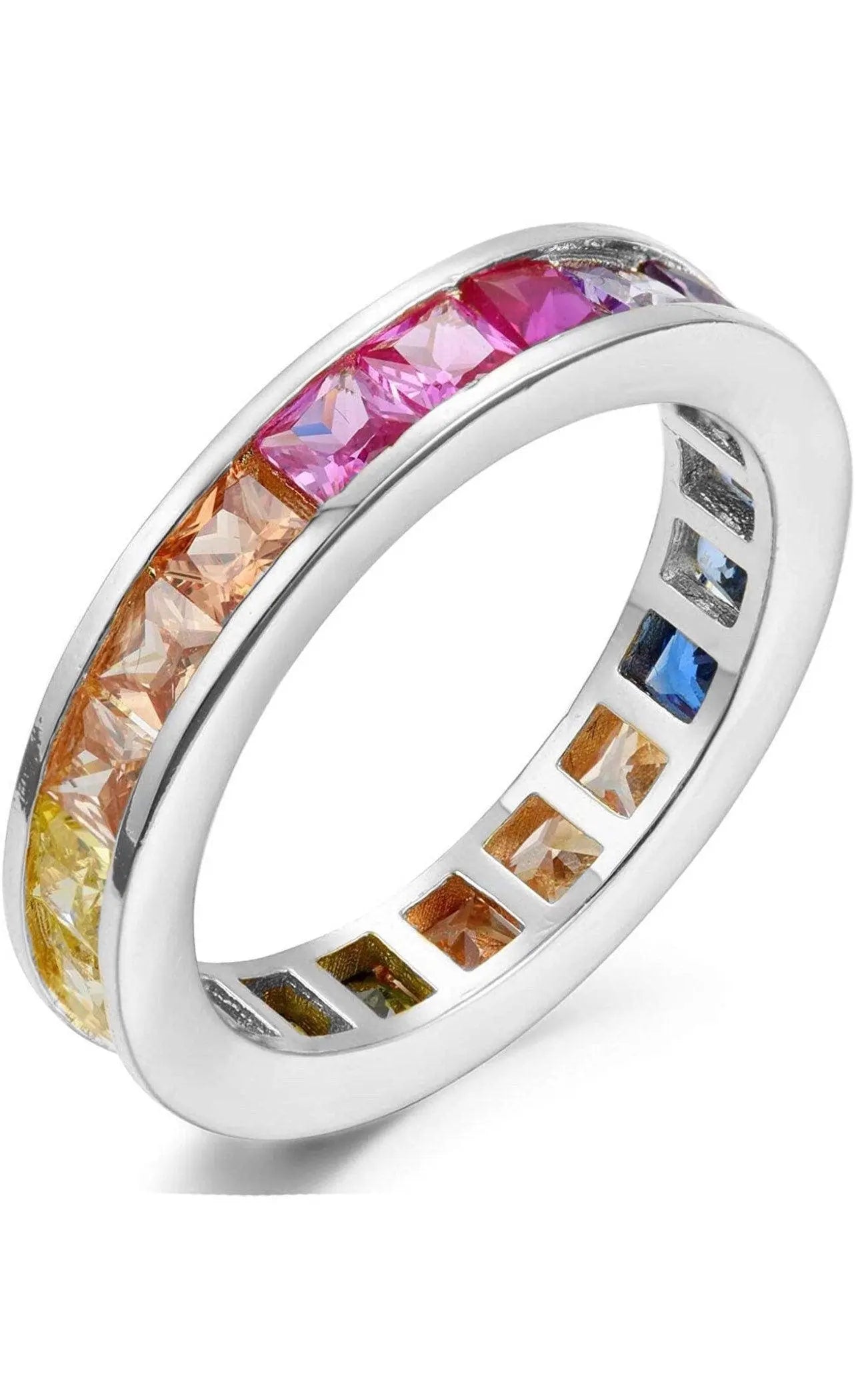 925 Sterling Silver 3MM Square Princess Cut Rainbow Colored Cubic Zirconia Eternity Band - ADIRFINE 