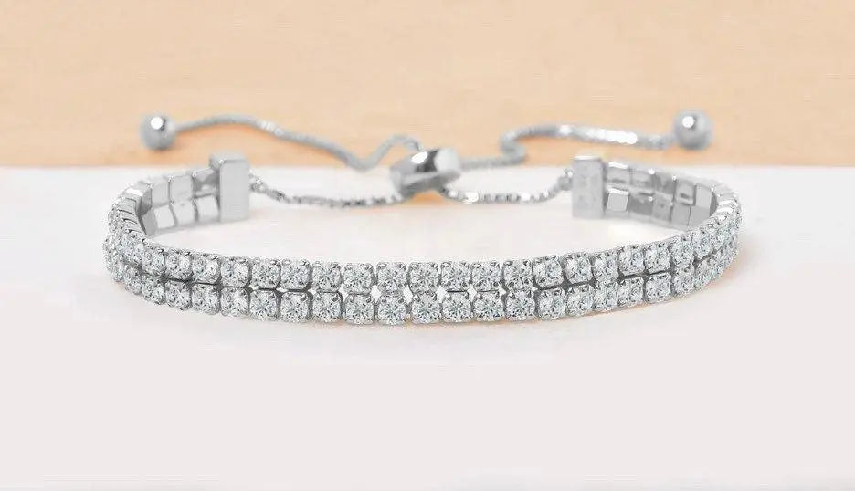 925 Sterling Silver Adjustable Two Row Cubic Zirconia Tennis Bracelet - ADIRFINE 