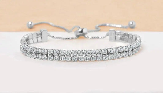 925 Sterling Silver Adjustable Two Row Cubic Zirconia Tennis Bracelet - ADIRFINE 