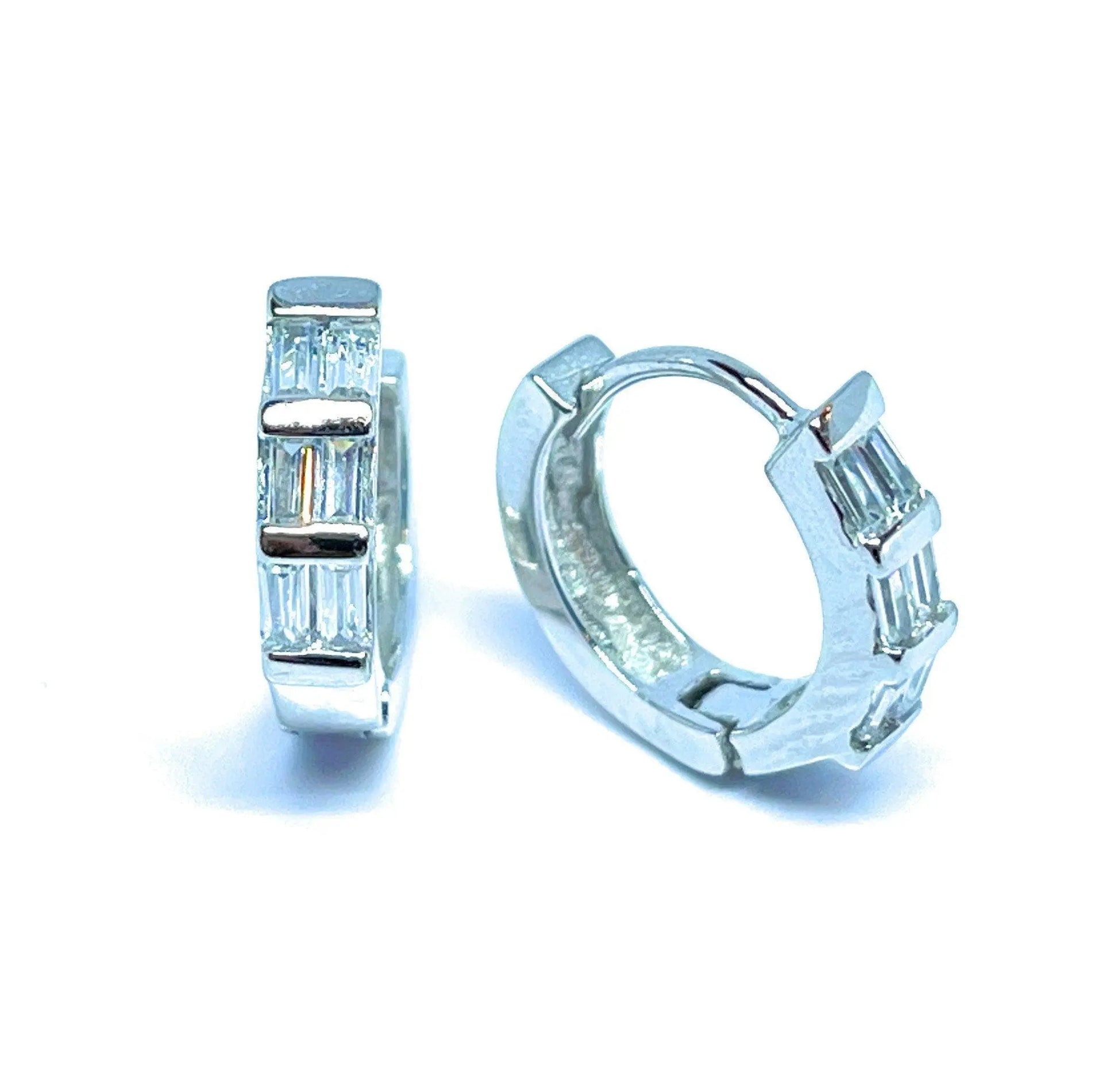 925 Sterling Silver Baguette Cubic Zirconia Huggie Hoop Earrings - ADIRFINE 