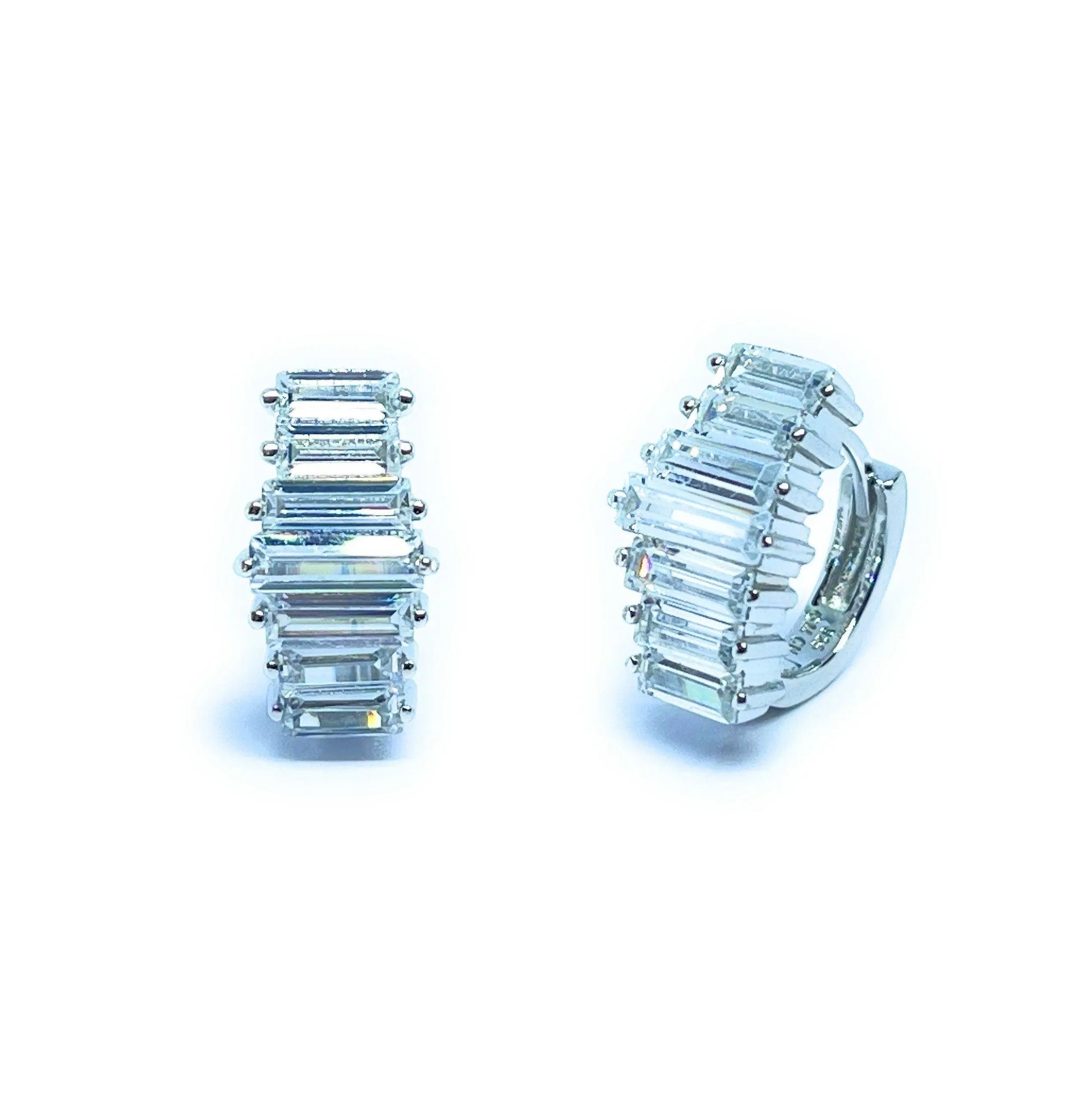 925 Sterling Silver Baguette Cubic Zirconia Huggie Hoop Earrings - ADIRFINE 