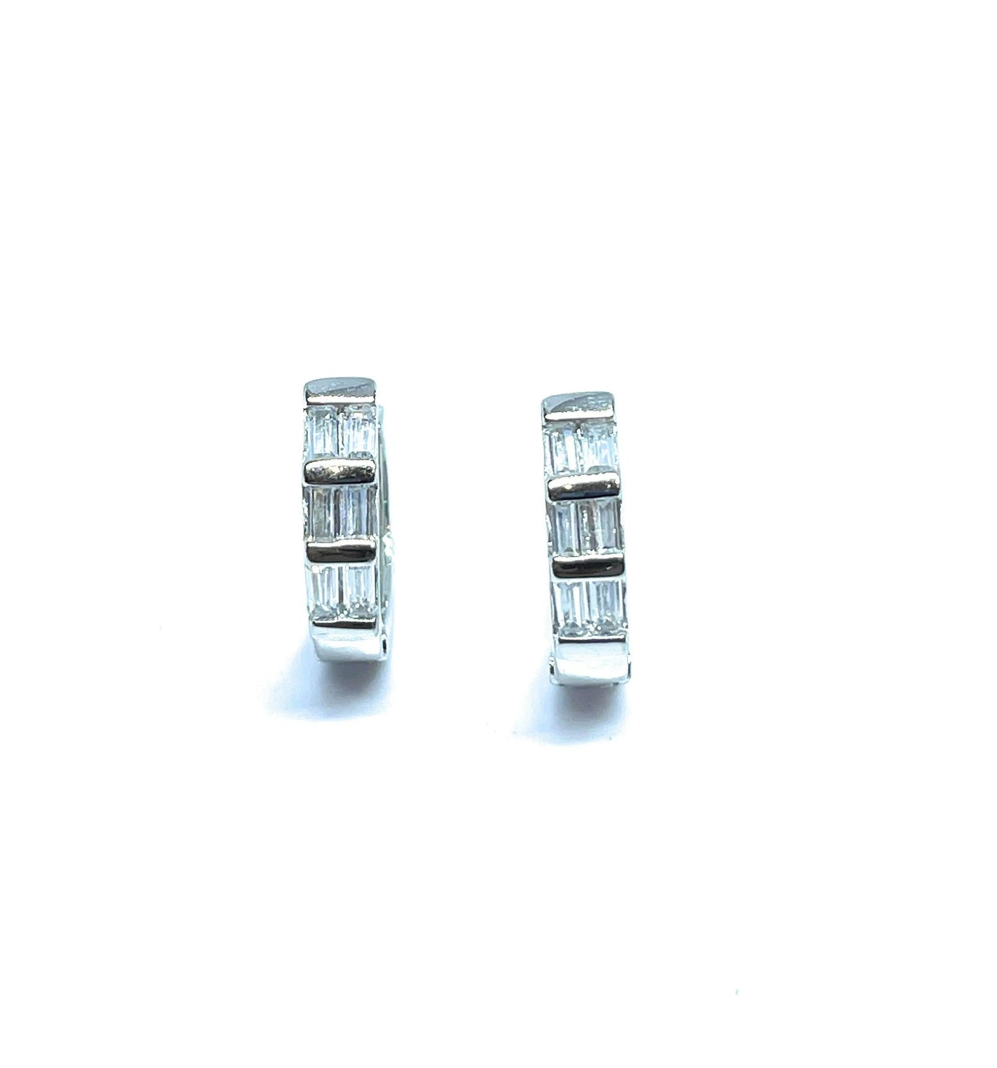 925 Sterling Silver Baguette Cubic Zirconia Huggie Hoop Earrings - ADIRFINE 