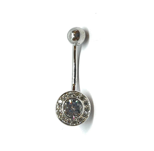 925 Sterling Silver Banana Bar Cubic Zirconia Halo Belly Button Ring - ADIRFINE 