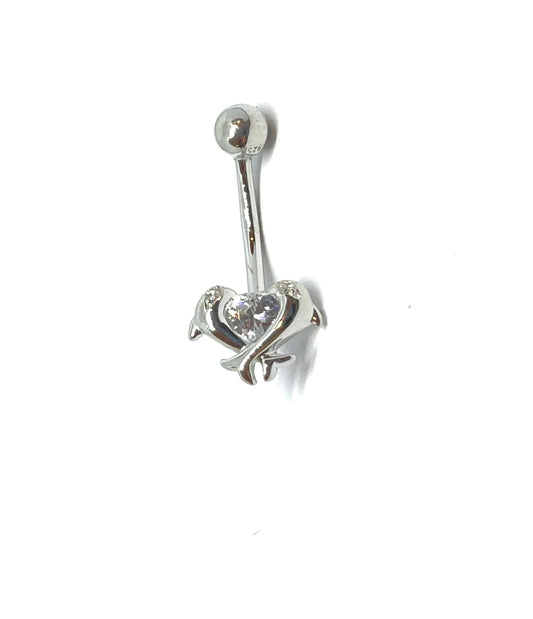 925 Sterling Silver Banana Bar Dolphin Heart Belly Button Ring | Silver Navel Belly Ring - ADIRFINE 