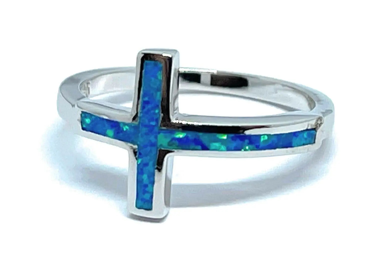 925 Sterling Silver Blue Opal Cross Ring 925 - ADIRFINE 